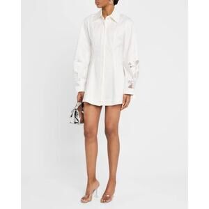 Clea Indra Embroidered Sleeve Mini Shirt Dress in Off White S